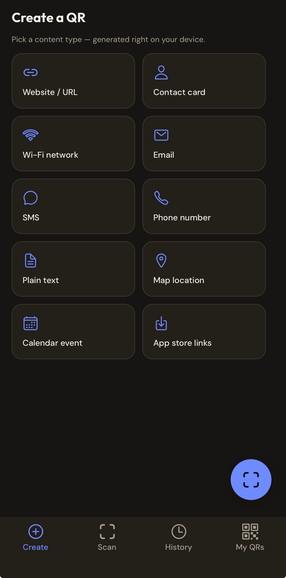 Build QR app — create a QR code, 10 content types